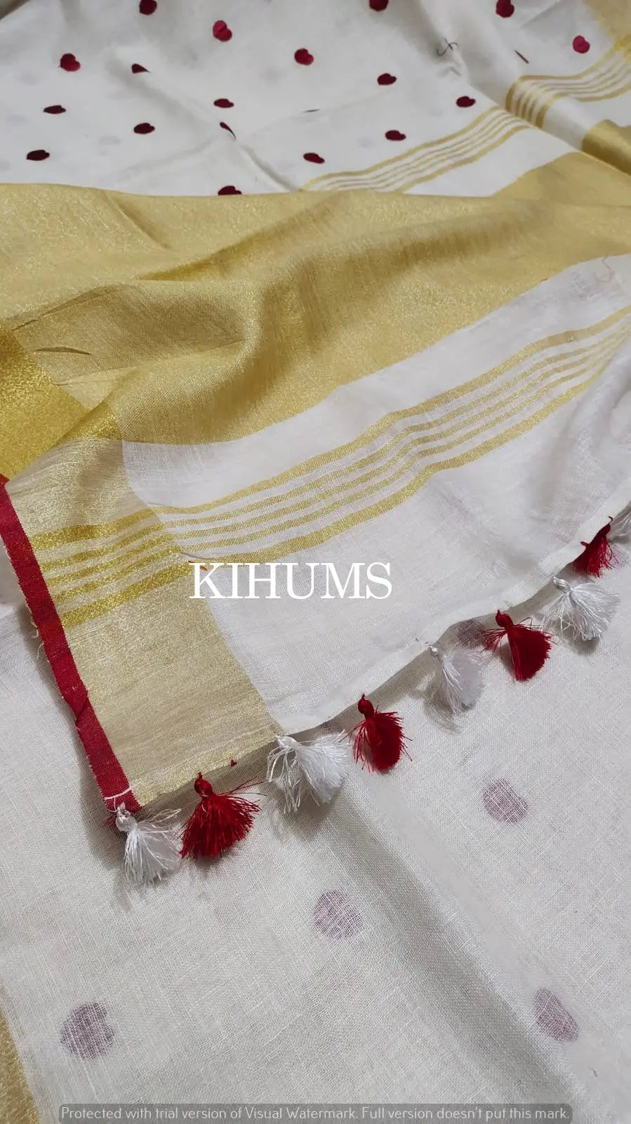 White Handwoven Linen Saree with Embroidery Work | Gold Zari Border | KIHUMS Saree kihums clothing
