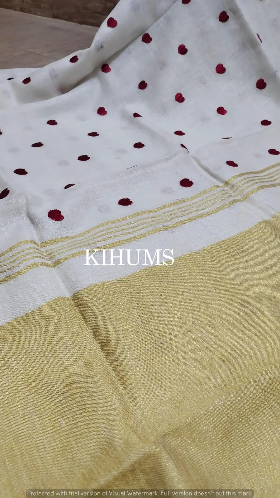 White Handwoven Linen Saree with Embroidery Work | Gold Zari Border | KIHUMS Saree kihums clothing
