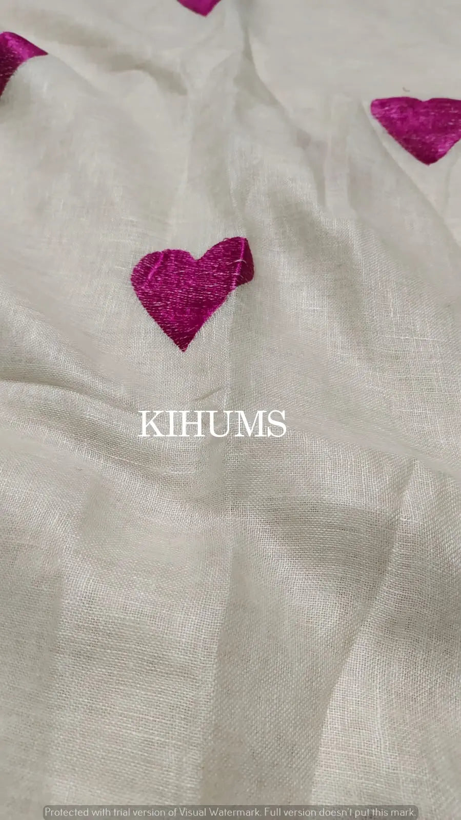White Handwoven Linen Saree with Heart Embroidery Work | Pink Kanni | KIHUMS Saree kihums clothing