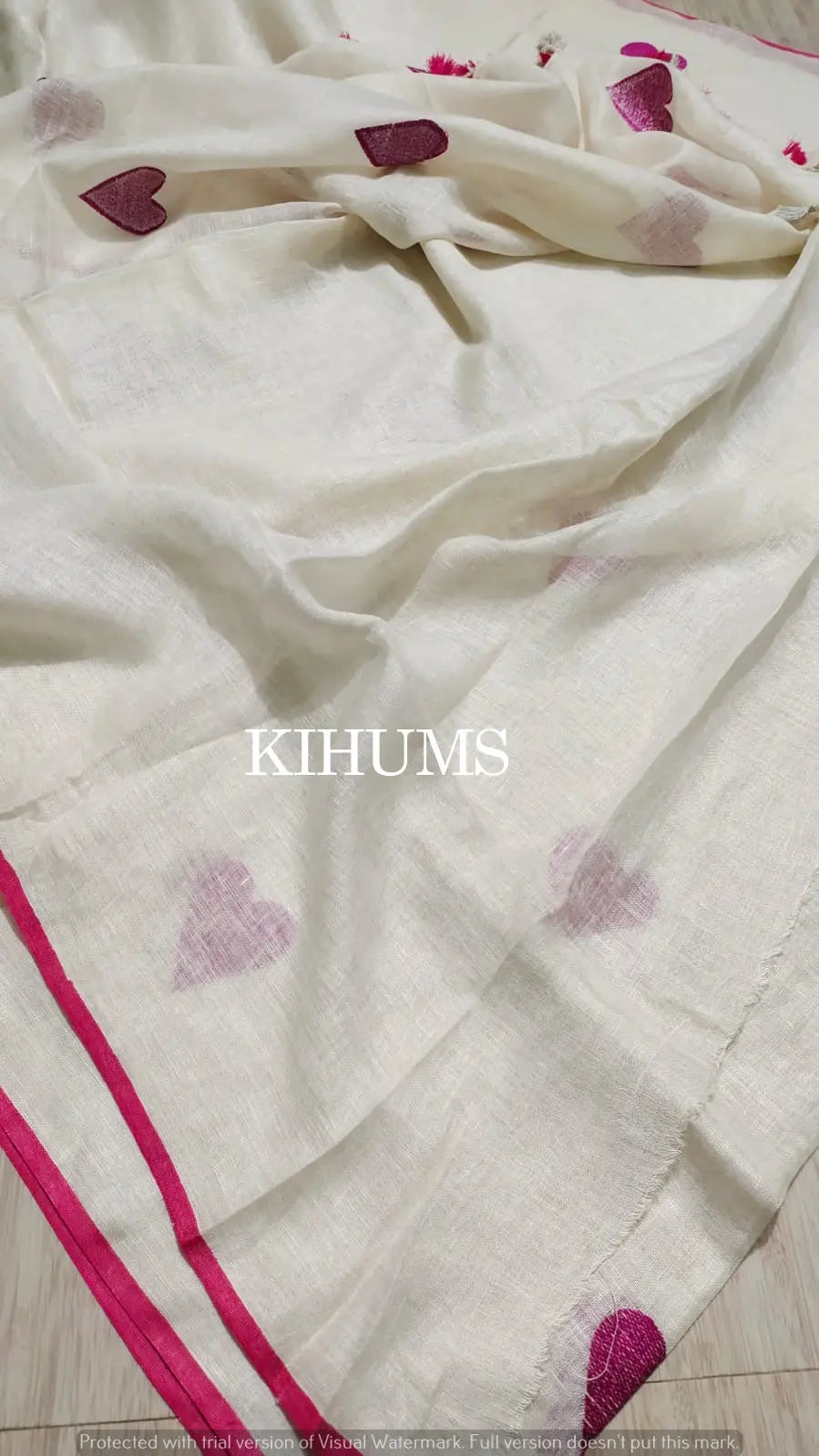 White Handwoven Linen Saree with Heart Embroidery Work | Pink Kanni | KIHUMS Saree kihums clothing