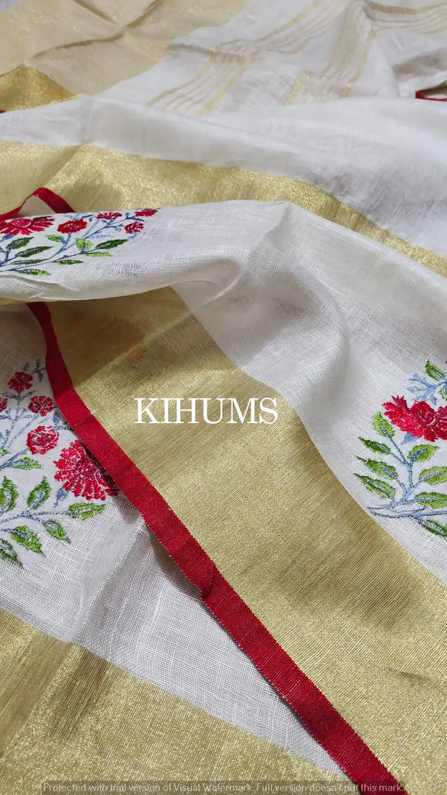 White Handwoven Linen Saree with Embroidery Work | Gold Zari Border | KIHUMS Saree kihums clothing