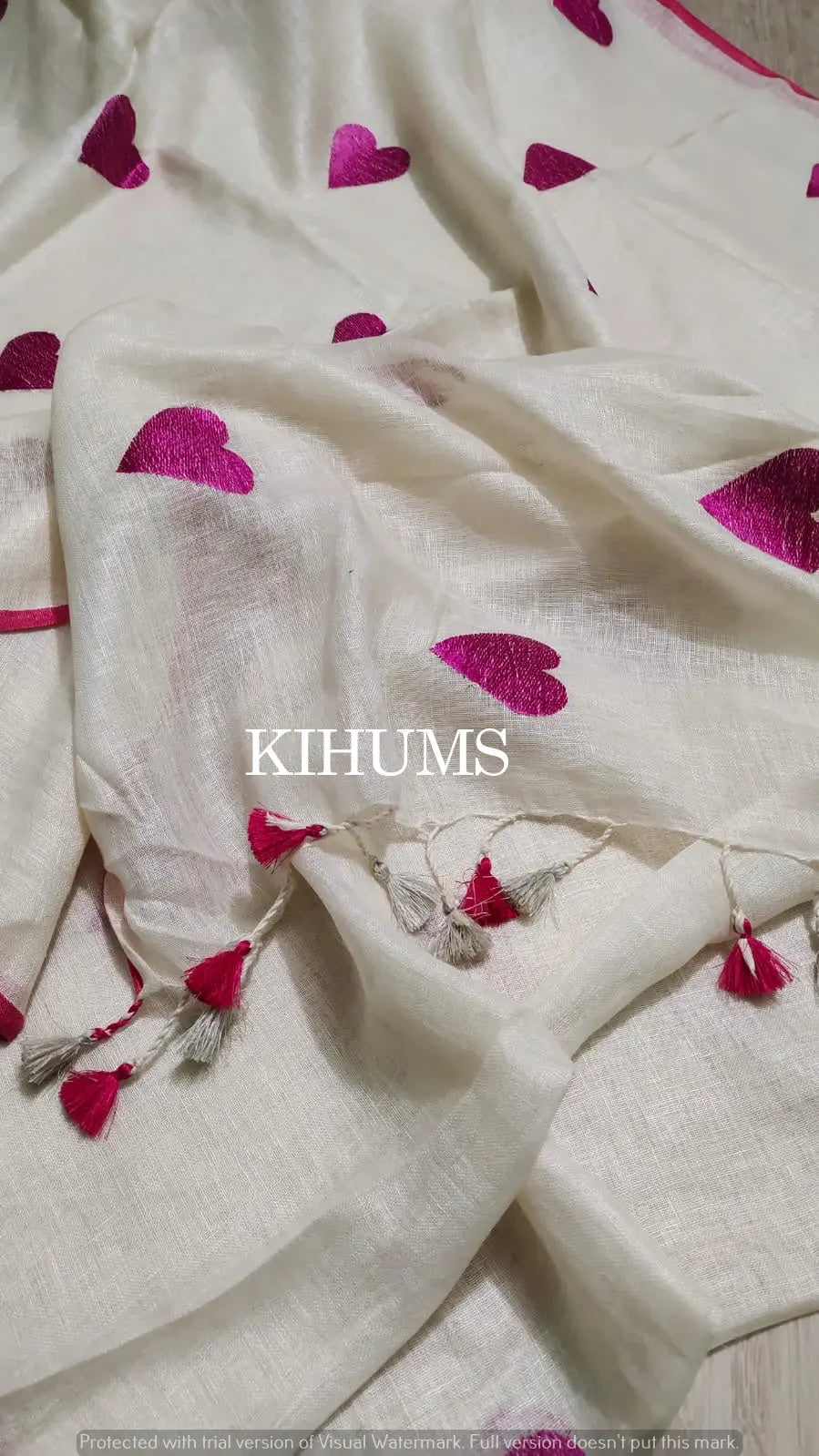 White Handwoven Linen Saree with Heart Embroidery Work | Pink Kanni | KIHUMS Saree kihums clothing