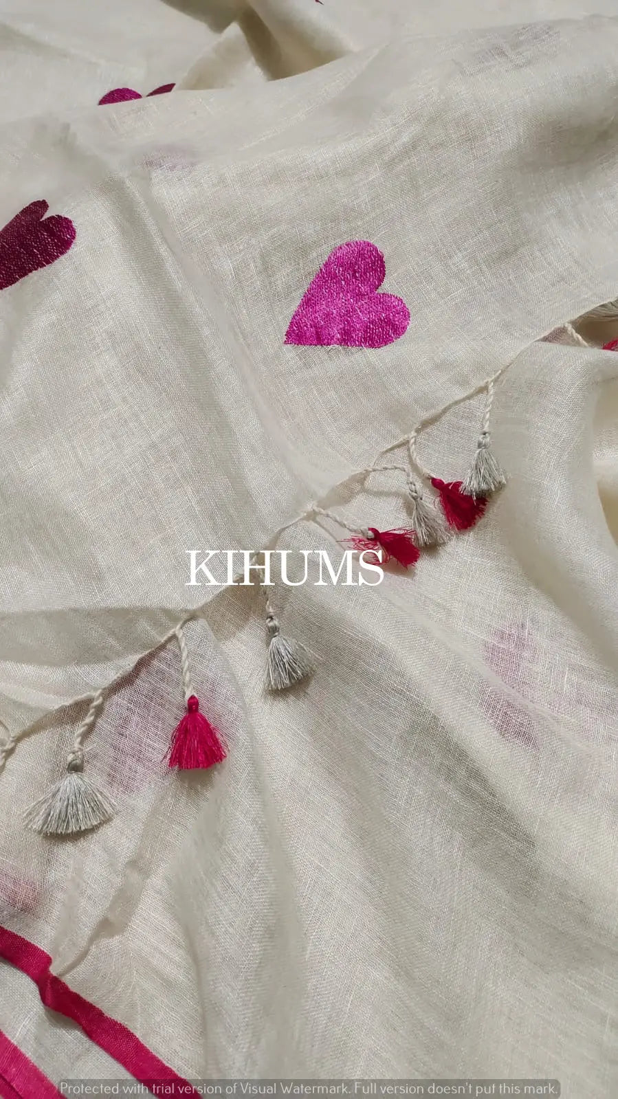 White Handwoven Linen Saree with Heart Embroidery Work | Pink Kanni | KIHUMS Saree kihums clothing