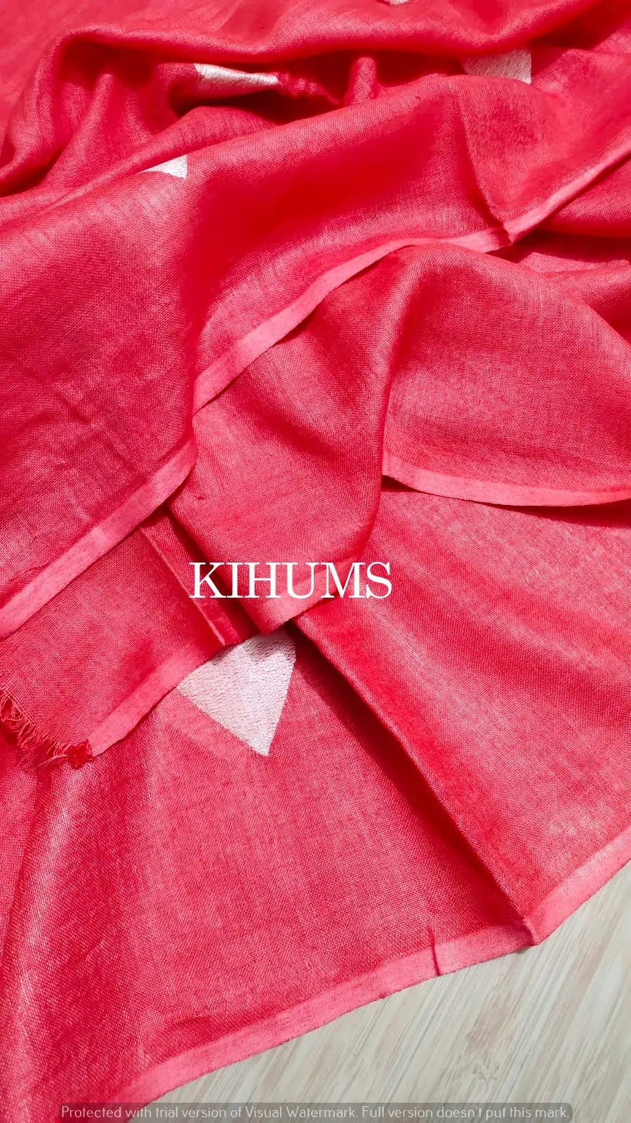 Red Handwoven Linen Saree with Heart Embroidery Work | KIHUMS Saree kihums clothing