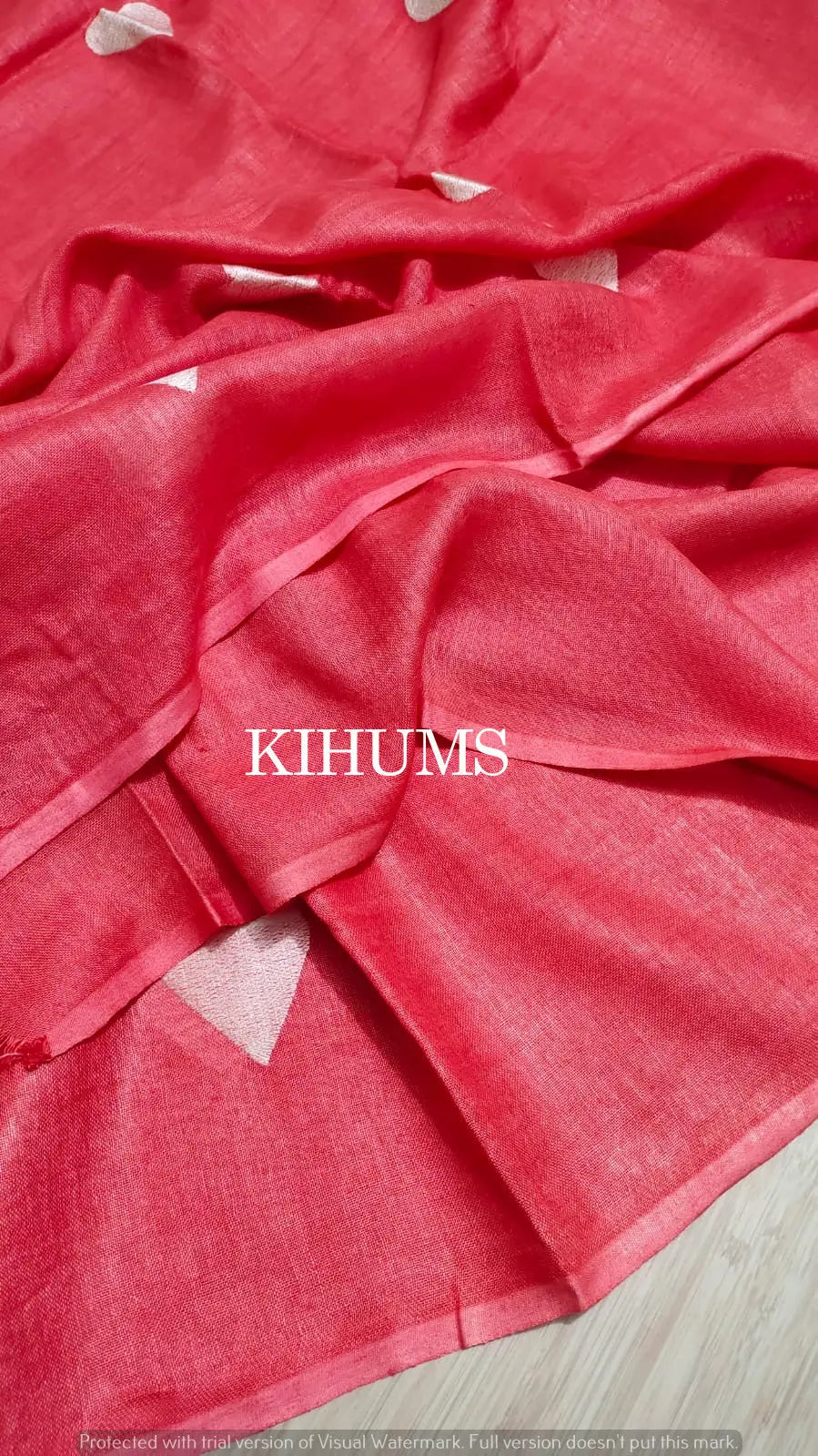 Red Handwoven Linen Saree with Heart Embroidery Work | KIHUMS Saree kihums clothing