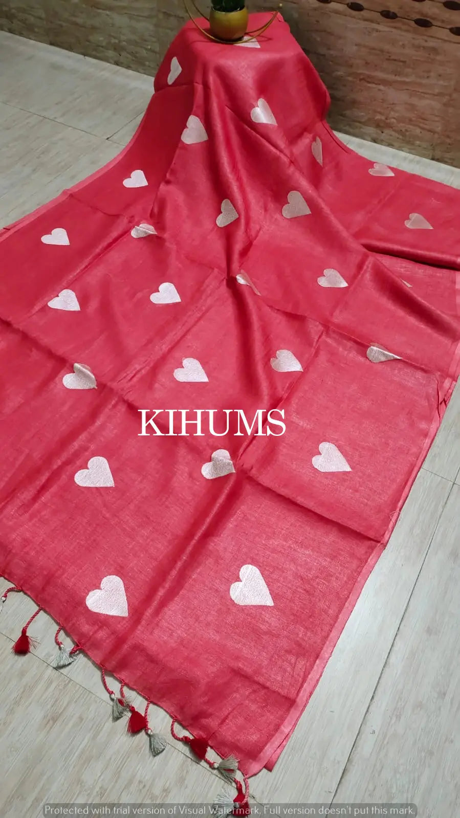 Red Handwoven Linen Saree with Heart Embroidery Work | KIHUMS Saree kihums clothing