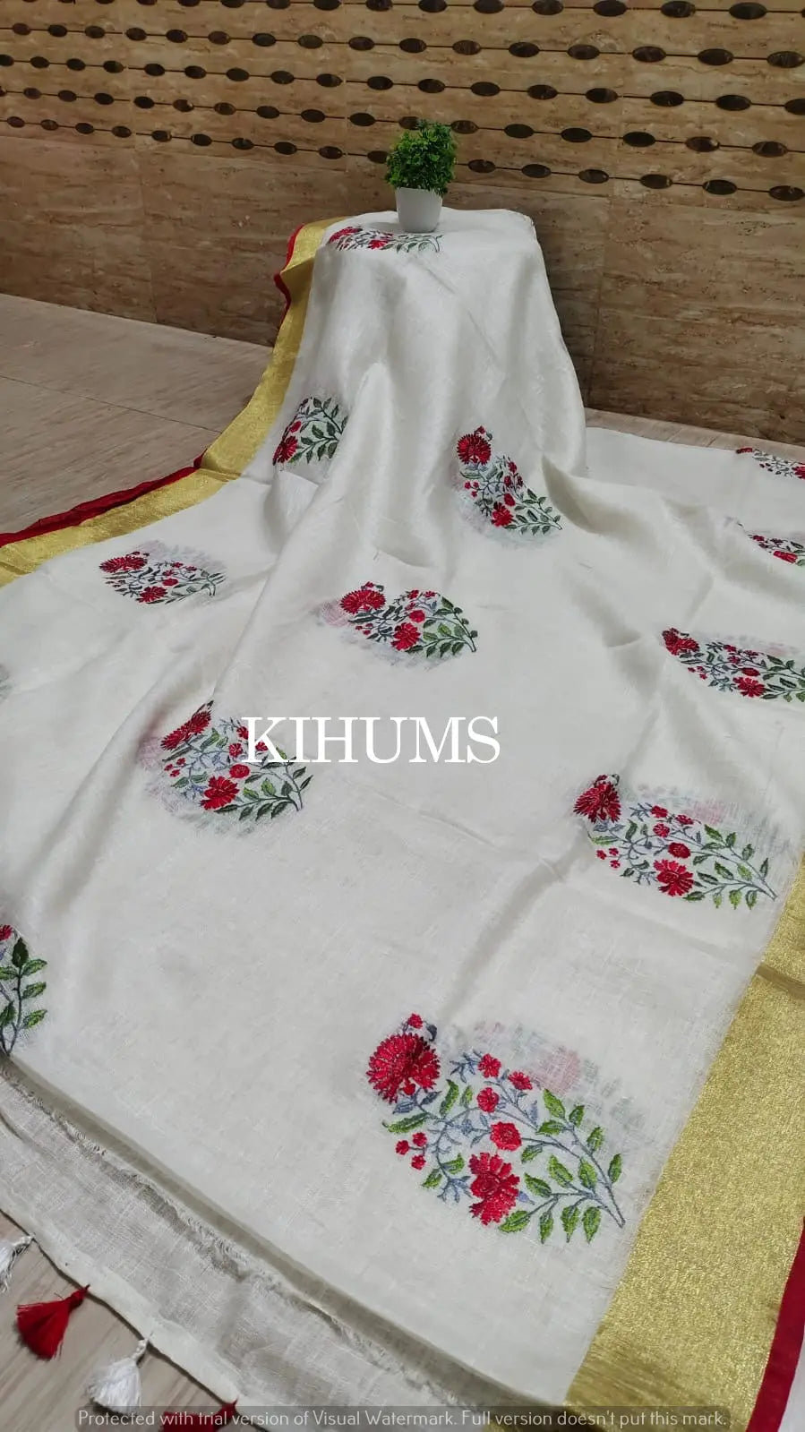 White Handwoven Linen Saree with Embroidery Work | Gold Zari Border | KIHUMS Saree kihums clothing