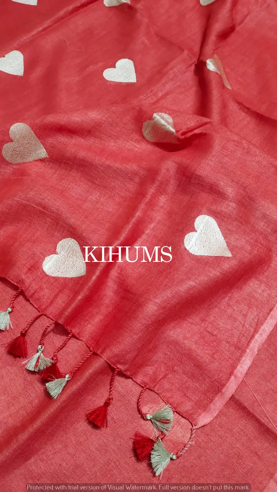 Red Handwoven Linen Saree with Heart Embroidery Work | KIHUMS Saree kihums clothing