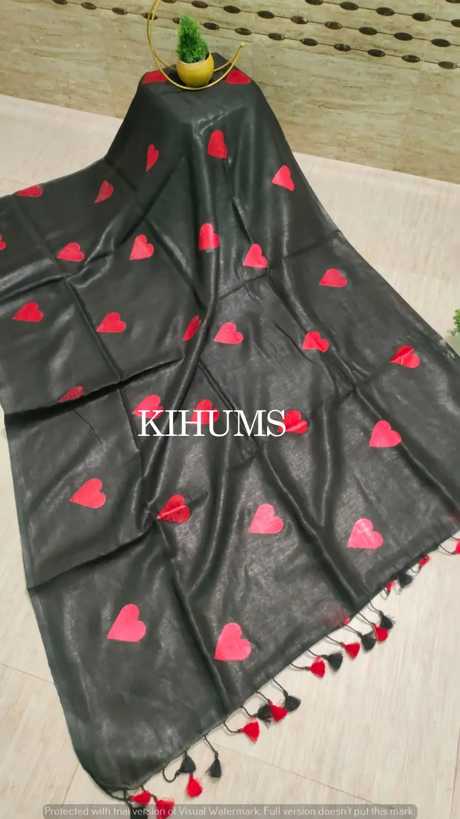 Black Handwoven Linen Saree with Heart Embroidery Work | KIHUMS Saree kihums clothing
