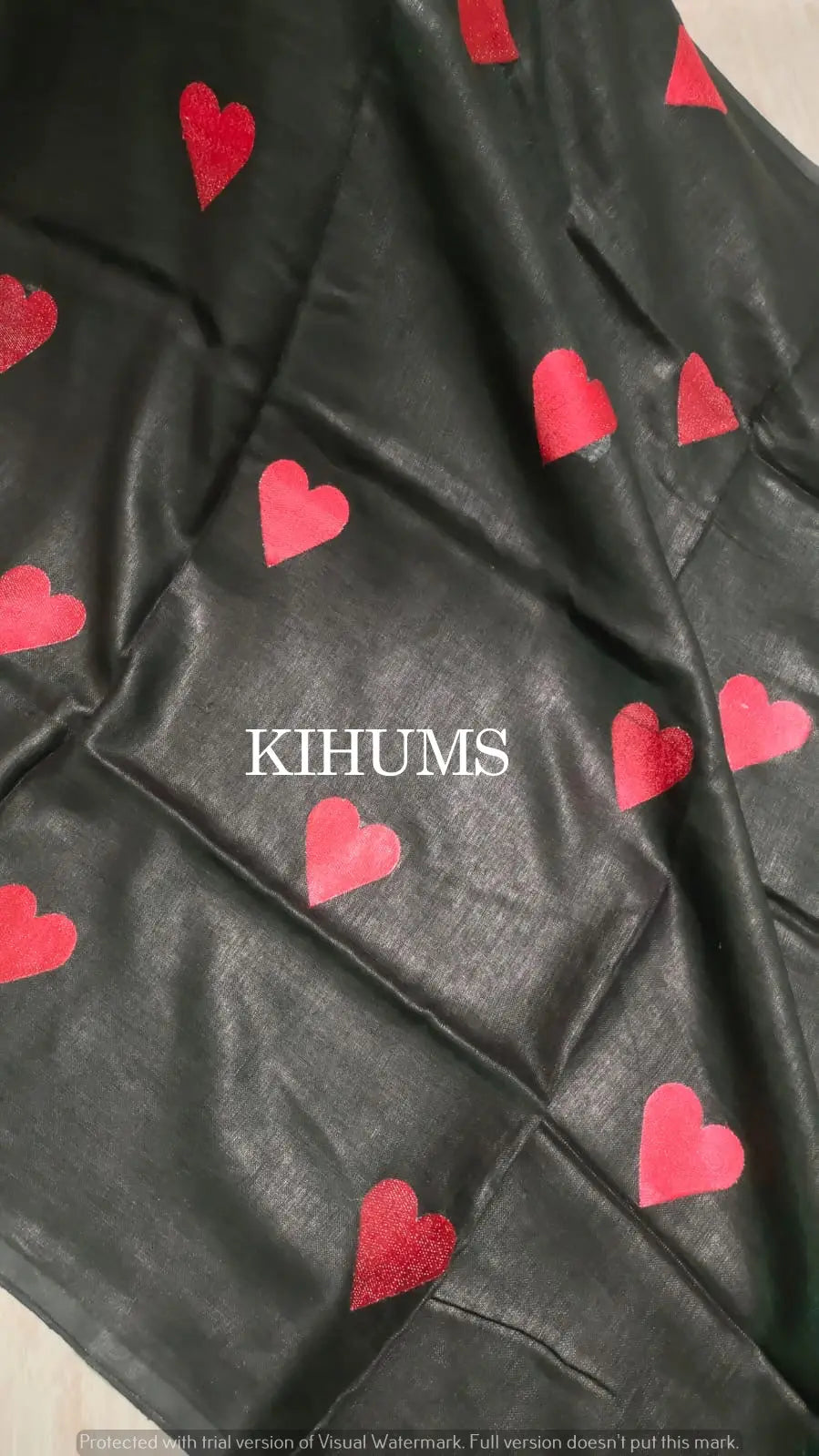 Black Handwoven Linen Saree with Heart Embroidery Work | KIHUMS Saree kihums clothing