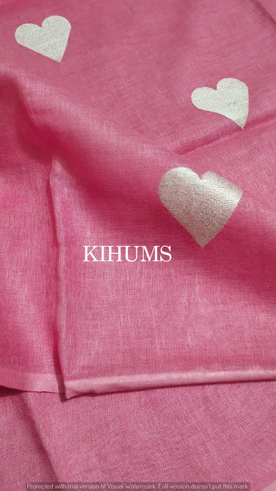 Pink Handwoven Linen Saree with Heart Embroidery Work | KIHUMS Saree kihums clothing