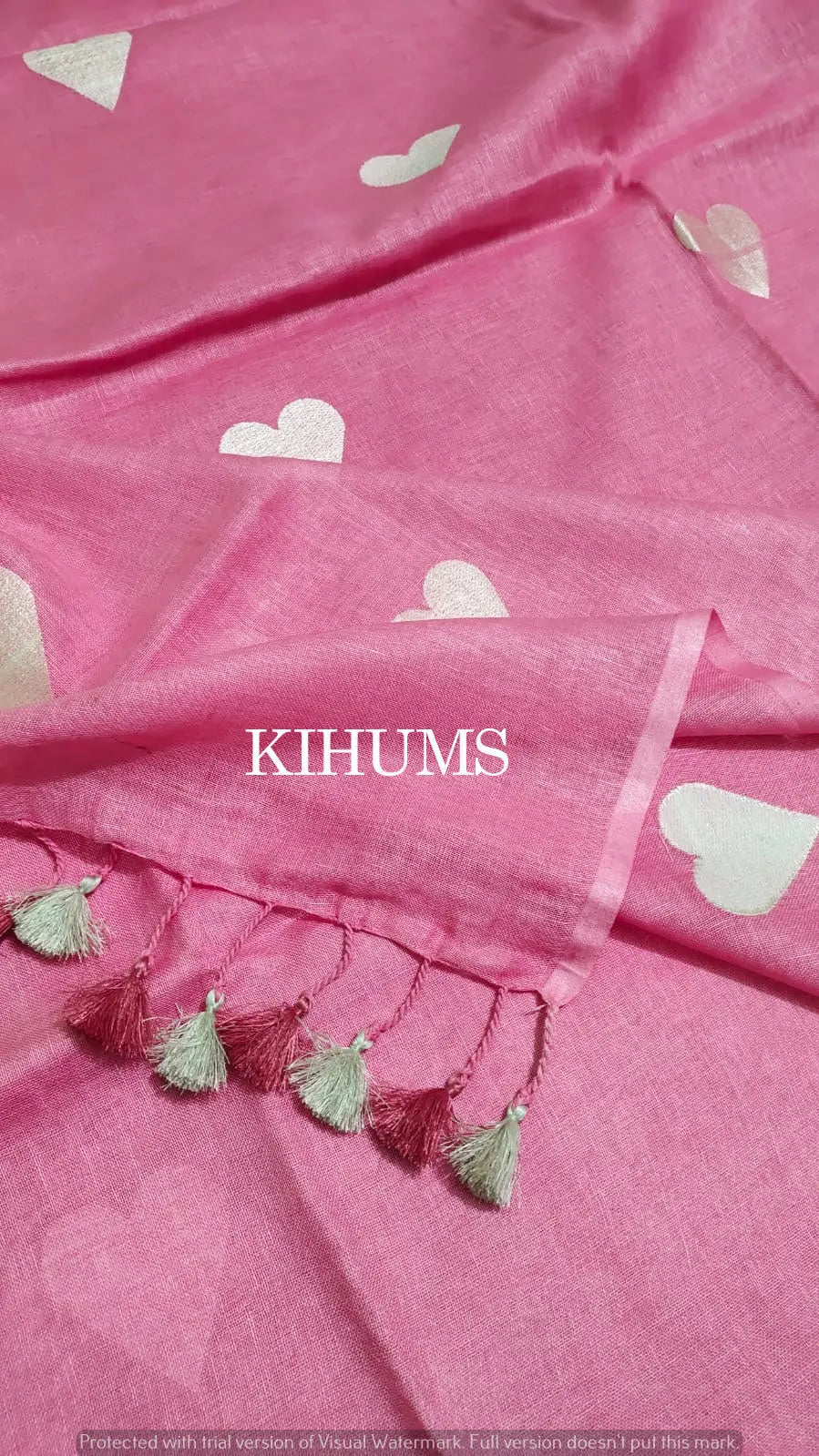 Pink Handwoven Linen Saree with Heart Embroidery Work | KIHUMS Saree kihums clothing
