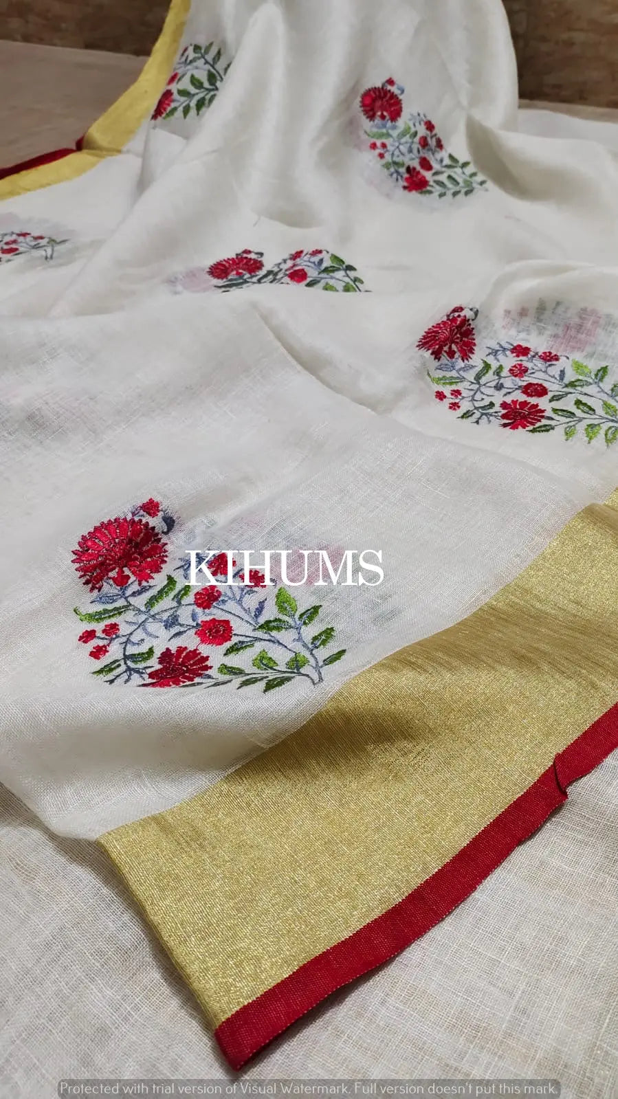 White Handwoven Linen Saree with Embroidery Work | Gold Zari Border | KIHUMS Saree kihums clothing