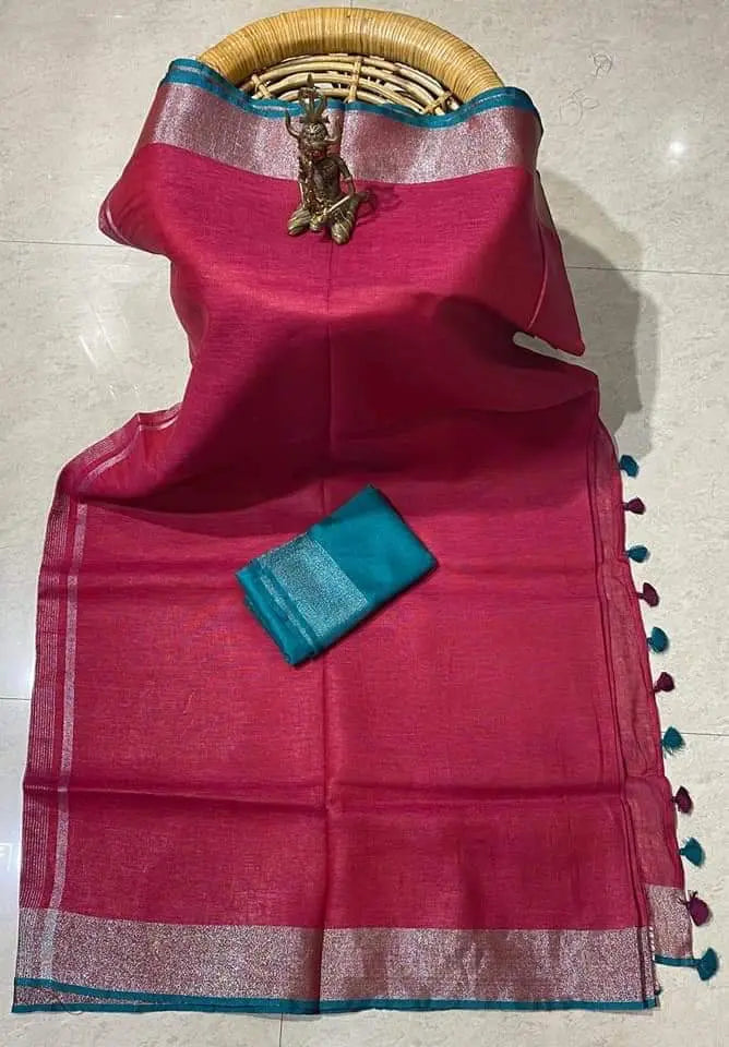 Hot Pink Shade Handmade Pure Linen Saree | KIHUMS Saree kihums clothing