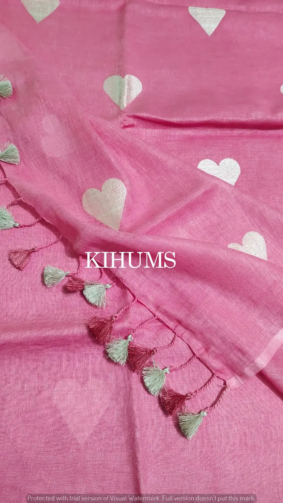 Pink Handwoven Linen Saree with Heart Embroidery Work | KIHUMS Saree kihums clothing