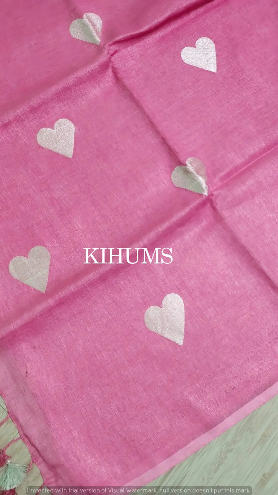 Pink Handwoven Linen Saree with Heart Embroidery Work | KIHUMS Saree kihums clothing