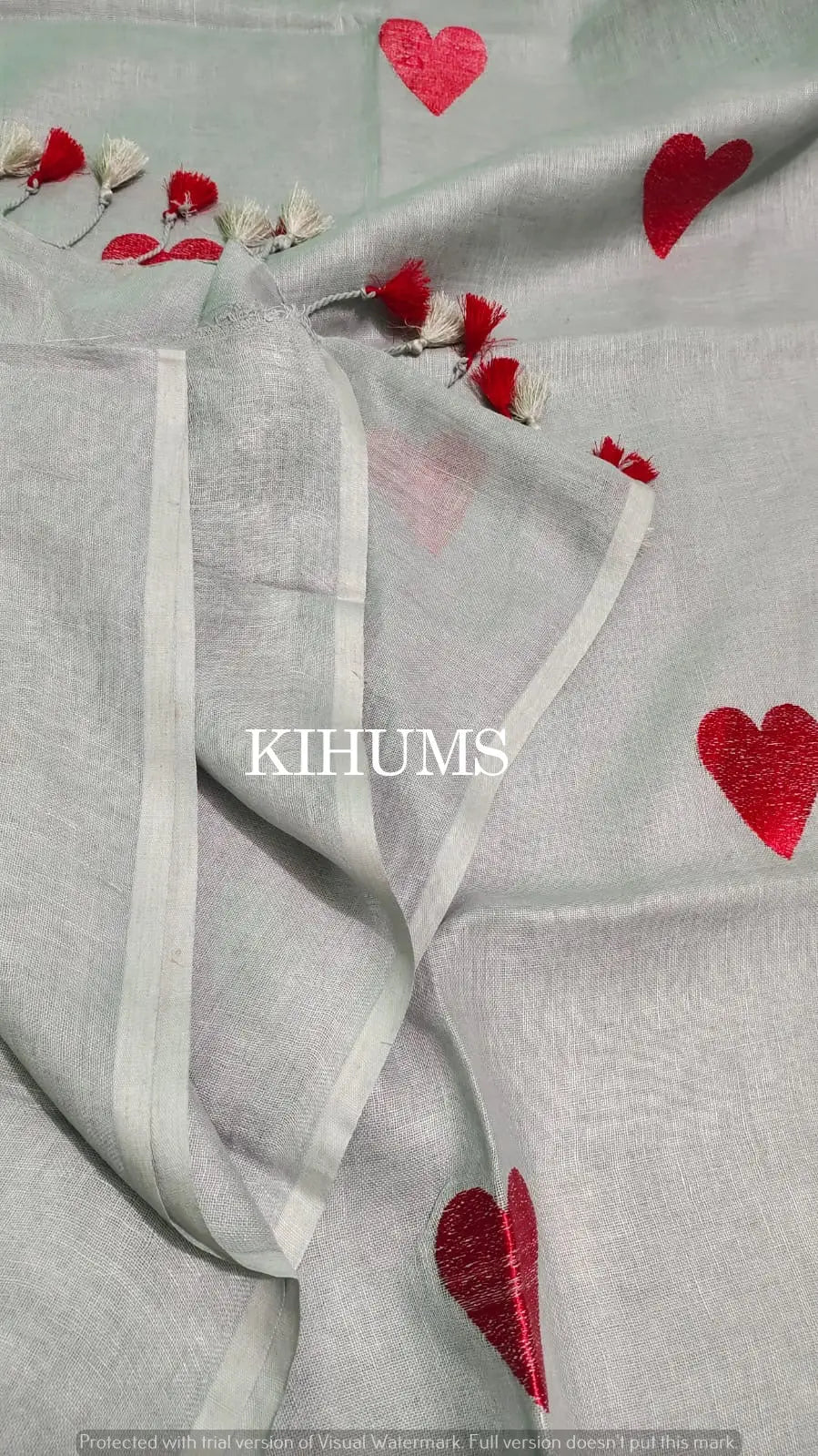 Ash grey Handwoven Linen Saree with Heart Embroidery Work | KIHUMS Saree kihums clothing