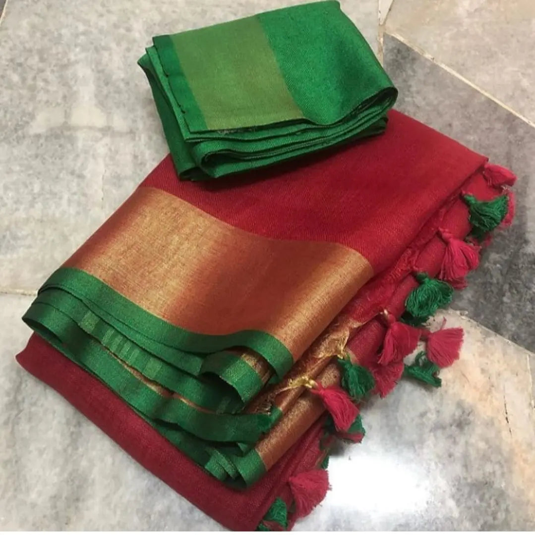 Red Shade Handmade Pure Linen Saree | KIHUMS Saree kihums clothing