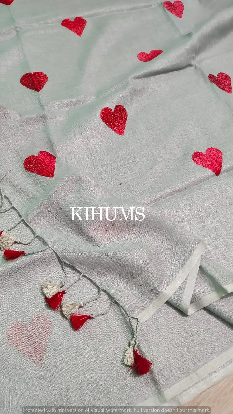 Ash grey Handwoven Linen Saree with Heart Embroidery Work | KIHUMS Saree kihums clothing