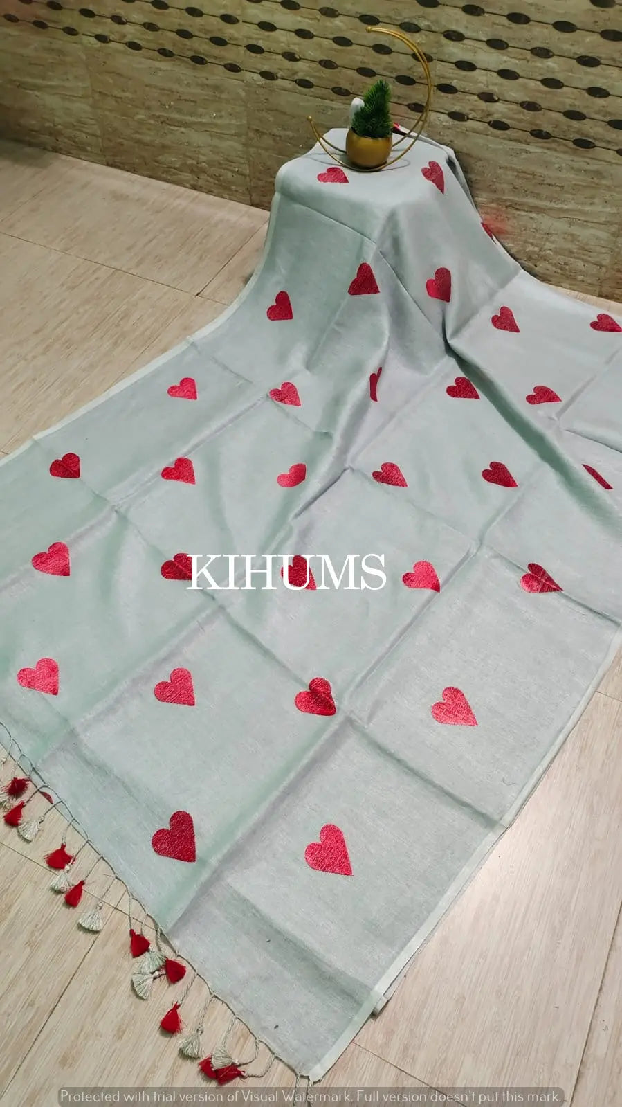 Ash grey Handwoven Linen Saree with Heart Embroidery Work | KIHUMS Saree kihums clothing