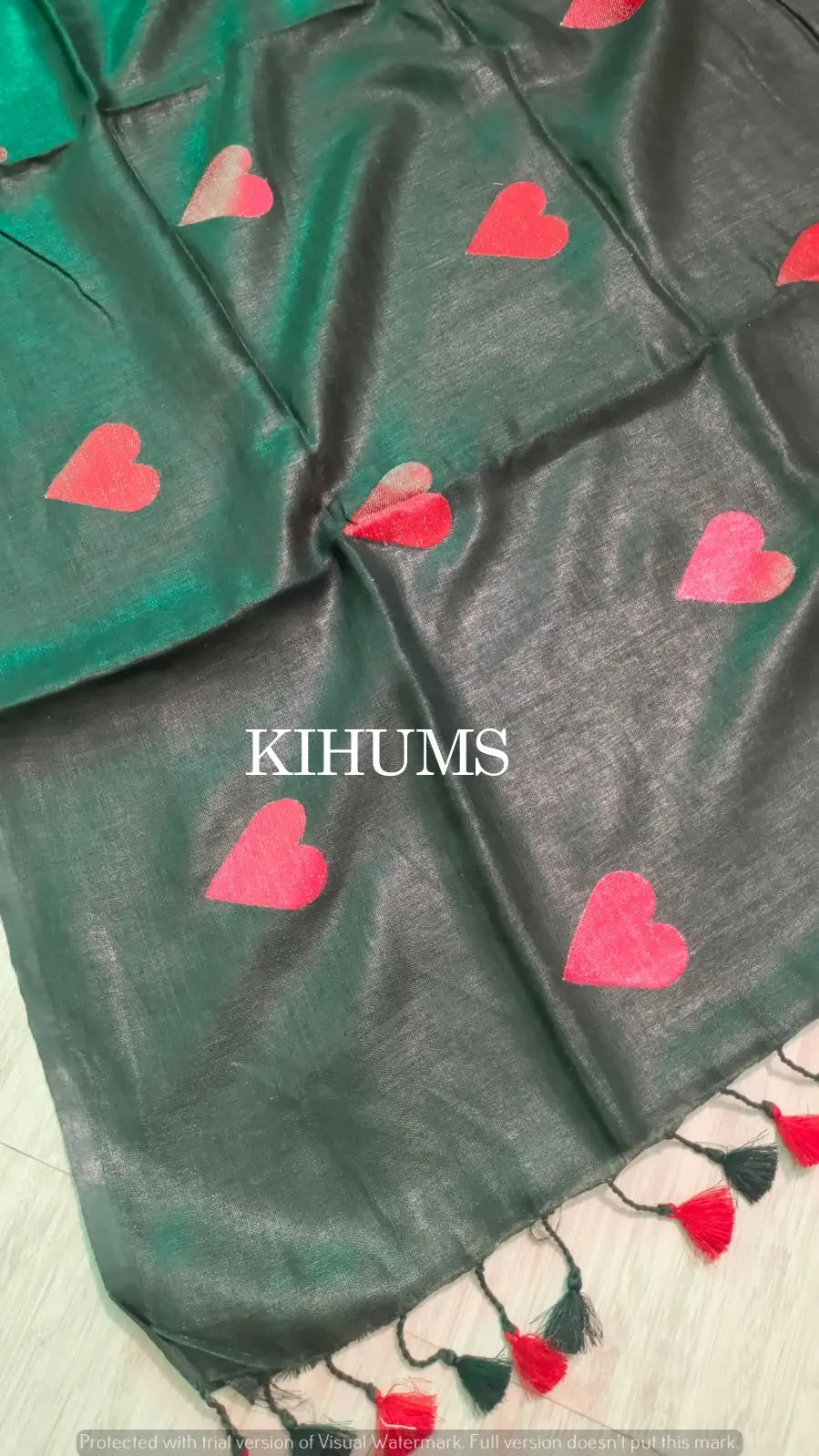 Black Handwoven Linen Saree with Heart Embroidery Work | KIHUMS Saree kihums clothing