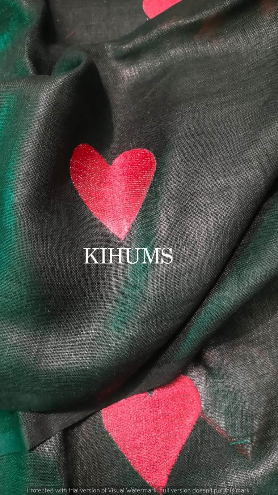 Black Handwoven Linen Saree with Heart Embroidery Work | KIHUMS Saree