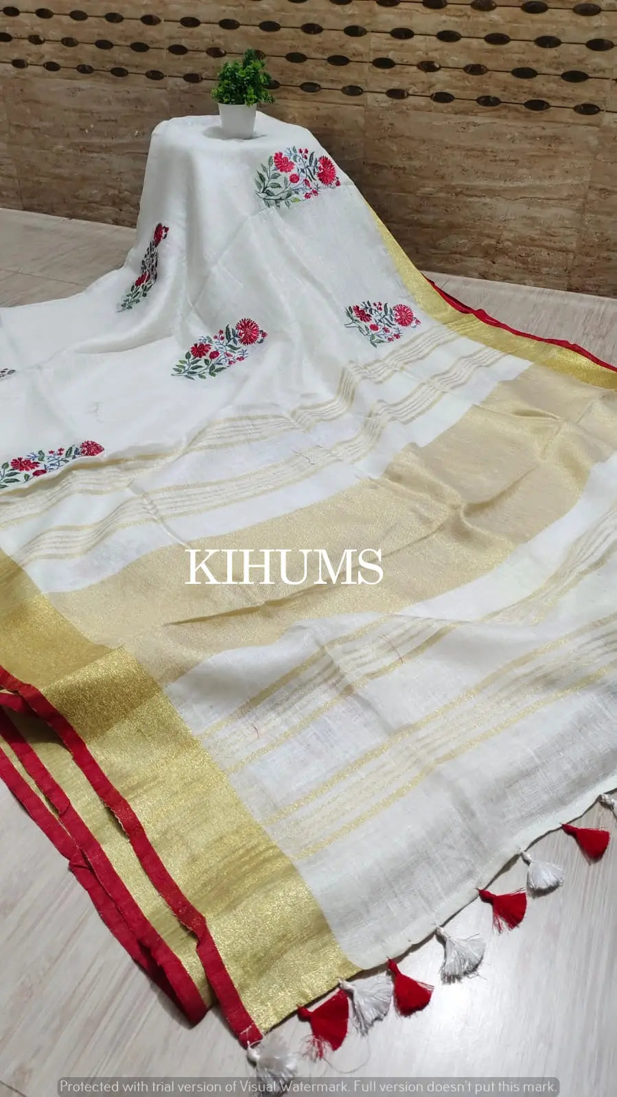 White Handwoven Linen Saree with Embroidery Work | Gold Zari Border | KIHUMS Saree kihums clothing