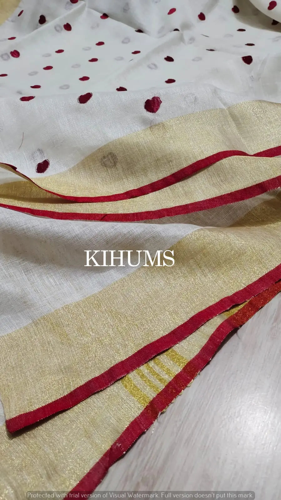 White Handwoven Linen Saree with Embroidery Work | Gold Zari Border | KIHUMS Saree kihums clothing