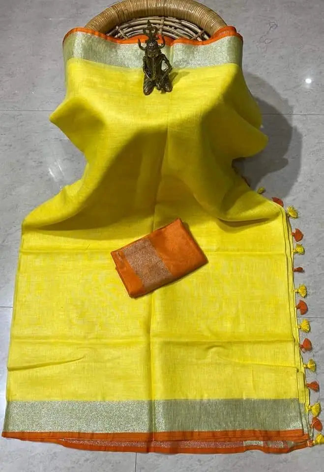 Yellow Shade Handmade Pure Linen Saree | KIHUMS Saree kihums clothing