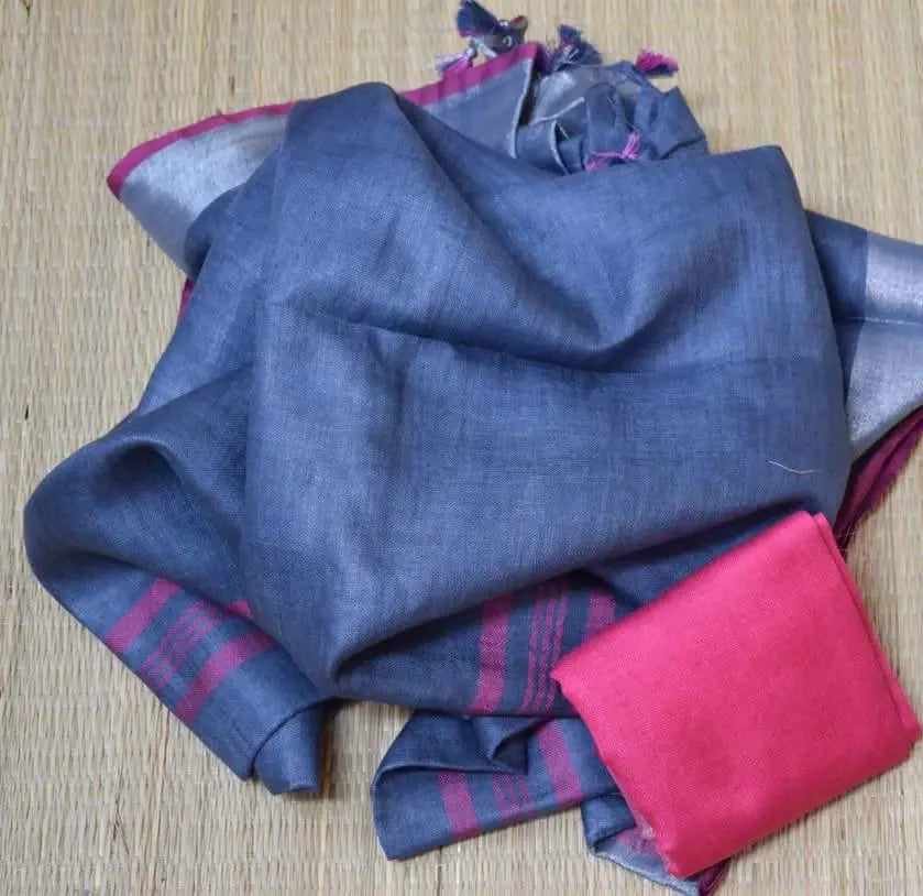 Dark Blue Handmade Pure Linen Saree | KIHUMS Saree kihums clothing