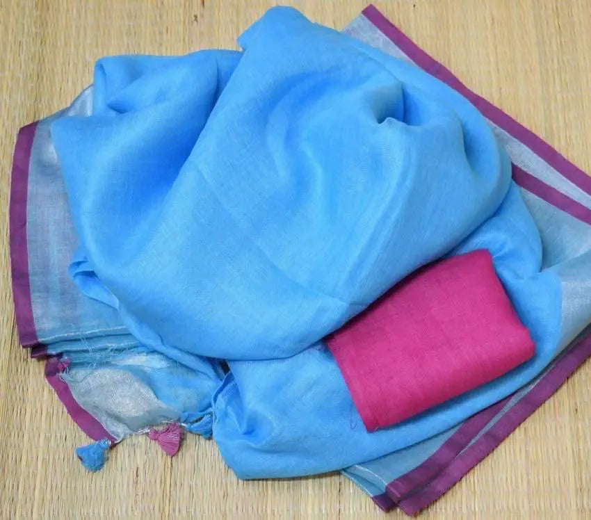 Blue Handmade Pure Linen Saree | KIHUMS Saree kihums clothing