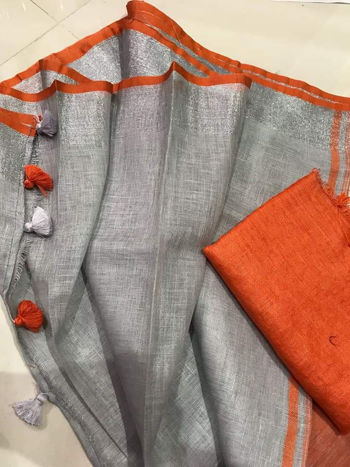 Grey Handmade Pure Linen Saree | KIHUMS Saree kihums clothing