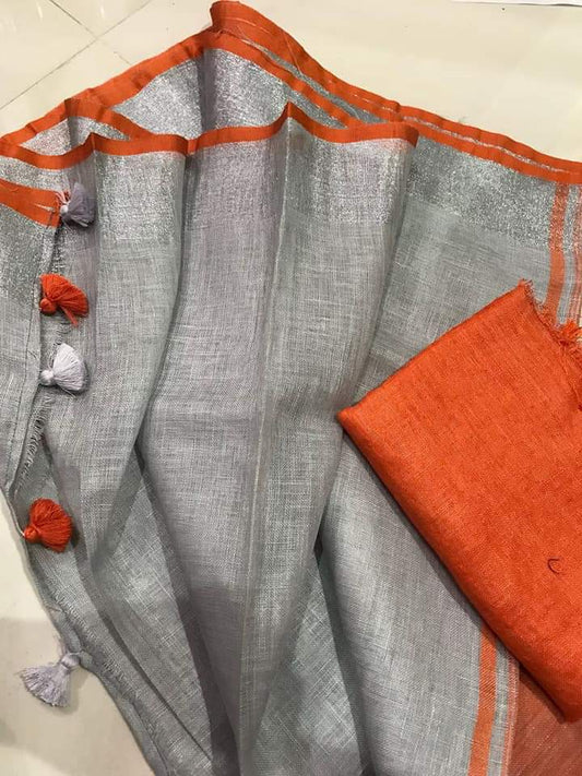 Grey Handmade Pure Linen Saree | KIHUMS Saree kihums clothing