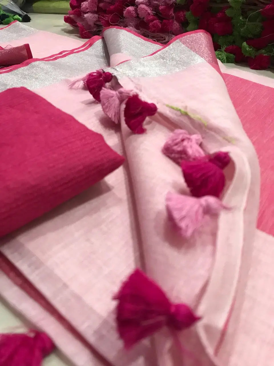 Pink Handmade Pure Linen Saree | KIHUMS Saree kihums clothing