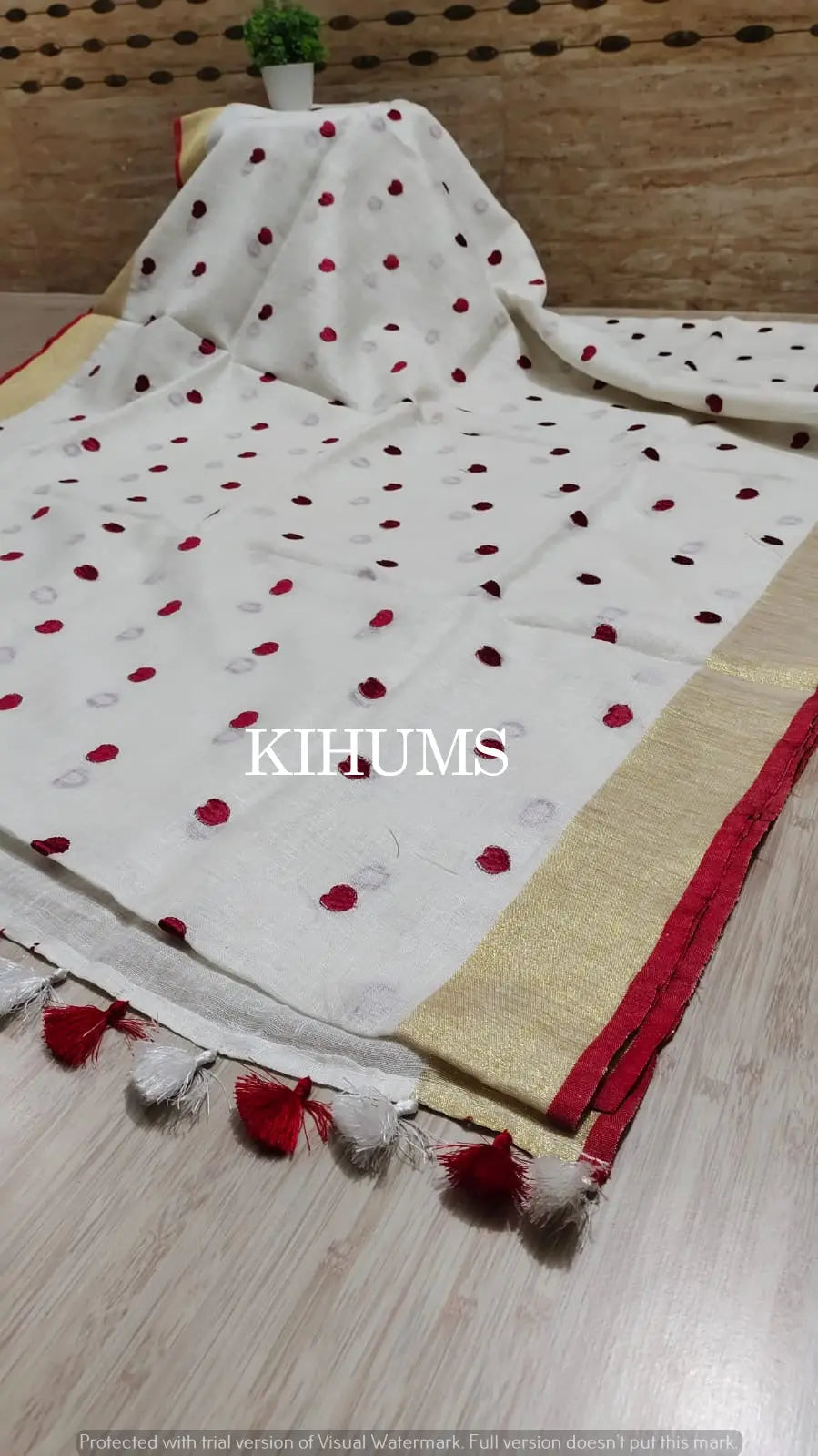 White Handwoven Linen Saree with Embroidery Work | Gold Zari Border | KIHUMS Saree kihums clothing