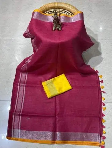 Rani Pink Shade Handmade Pure Linen Saree | KIHUMS Saree kihums clothing