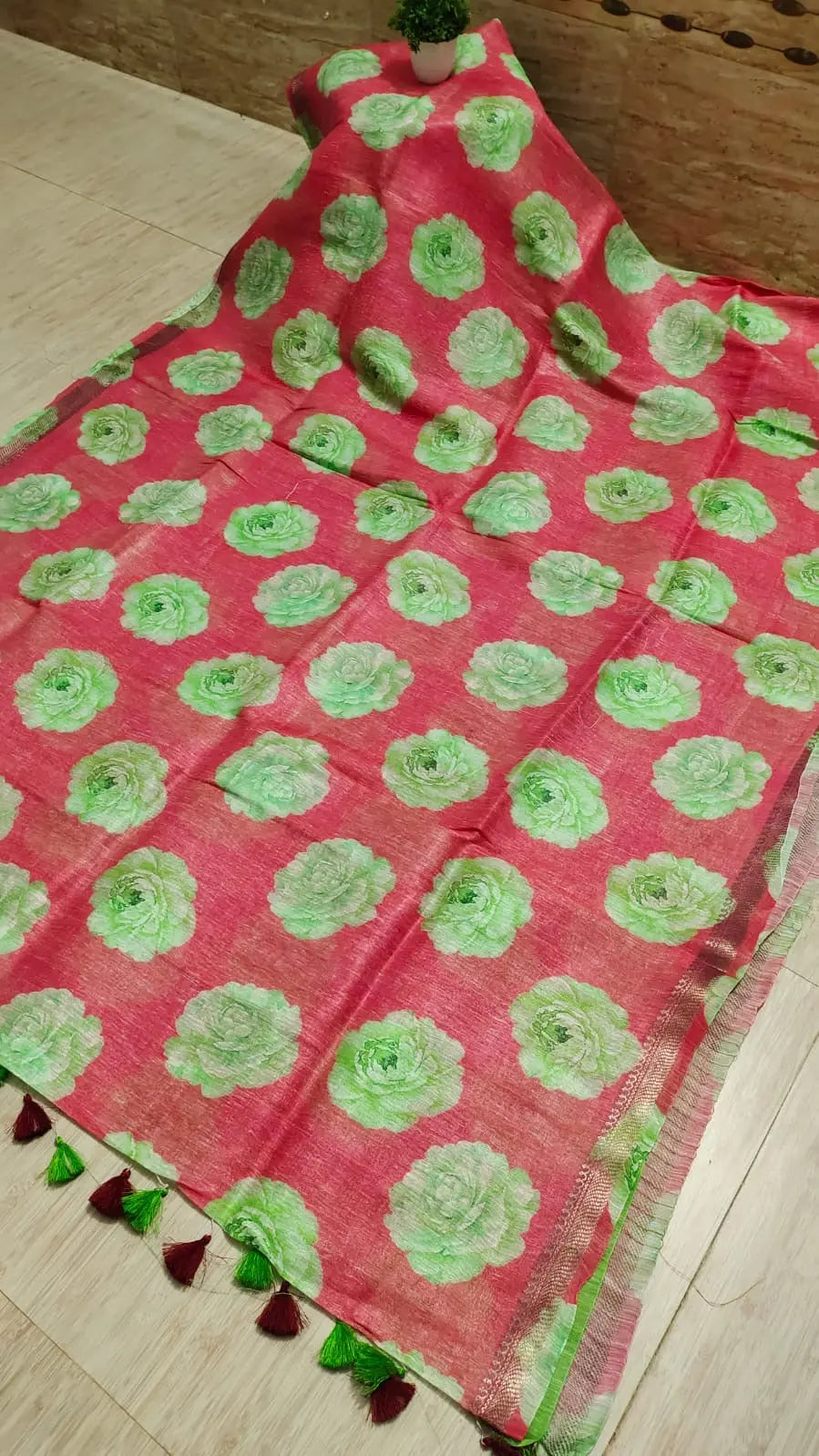 Red Shade Floral Printed Silk Linen Saree | KIHUMS Saree kihums clothing