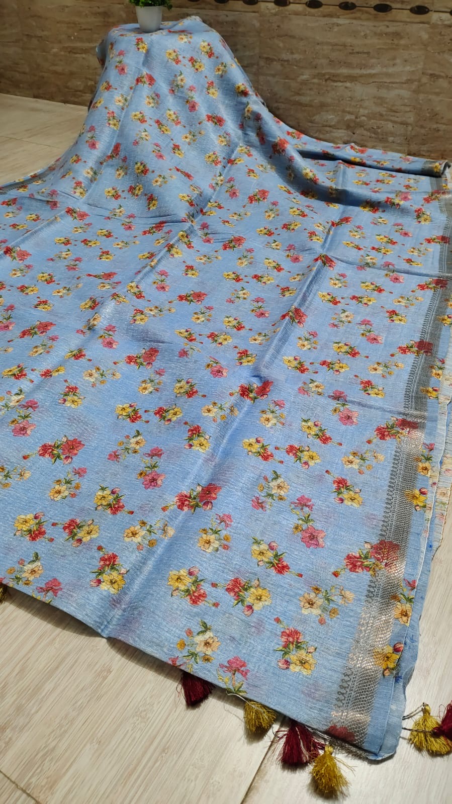 Pastel Blue Shade Floral Printed Silk Linen Saree | KIHUMS Saree