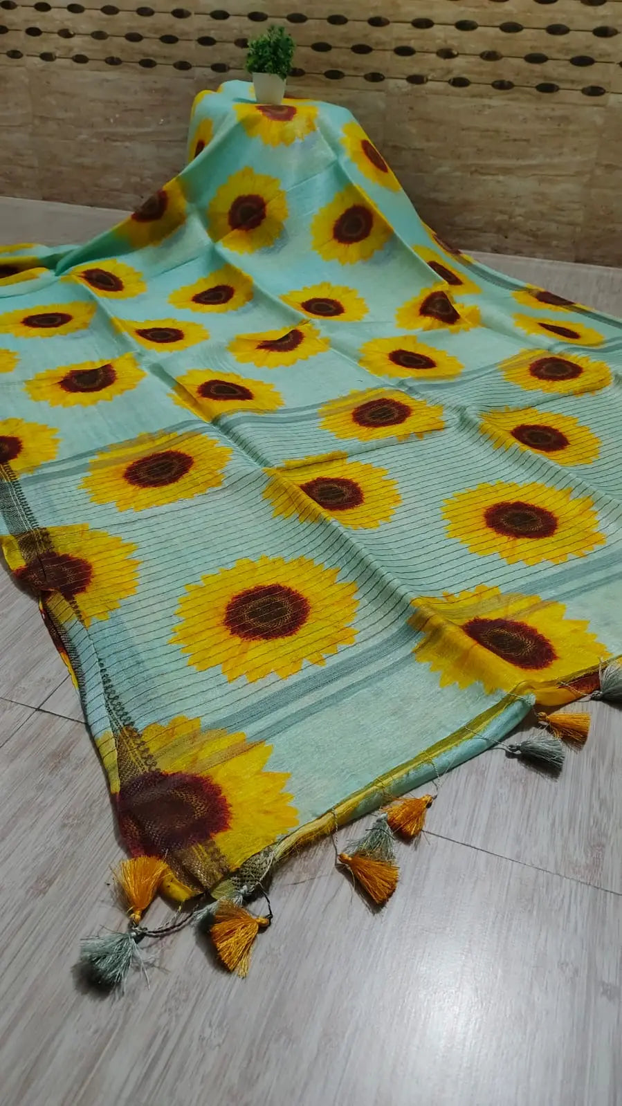 Powder Blue Shade Floral Printed Silk Linen Saree | KIHUMS Saree kihums clothing