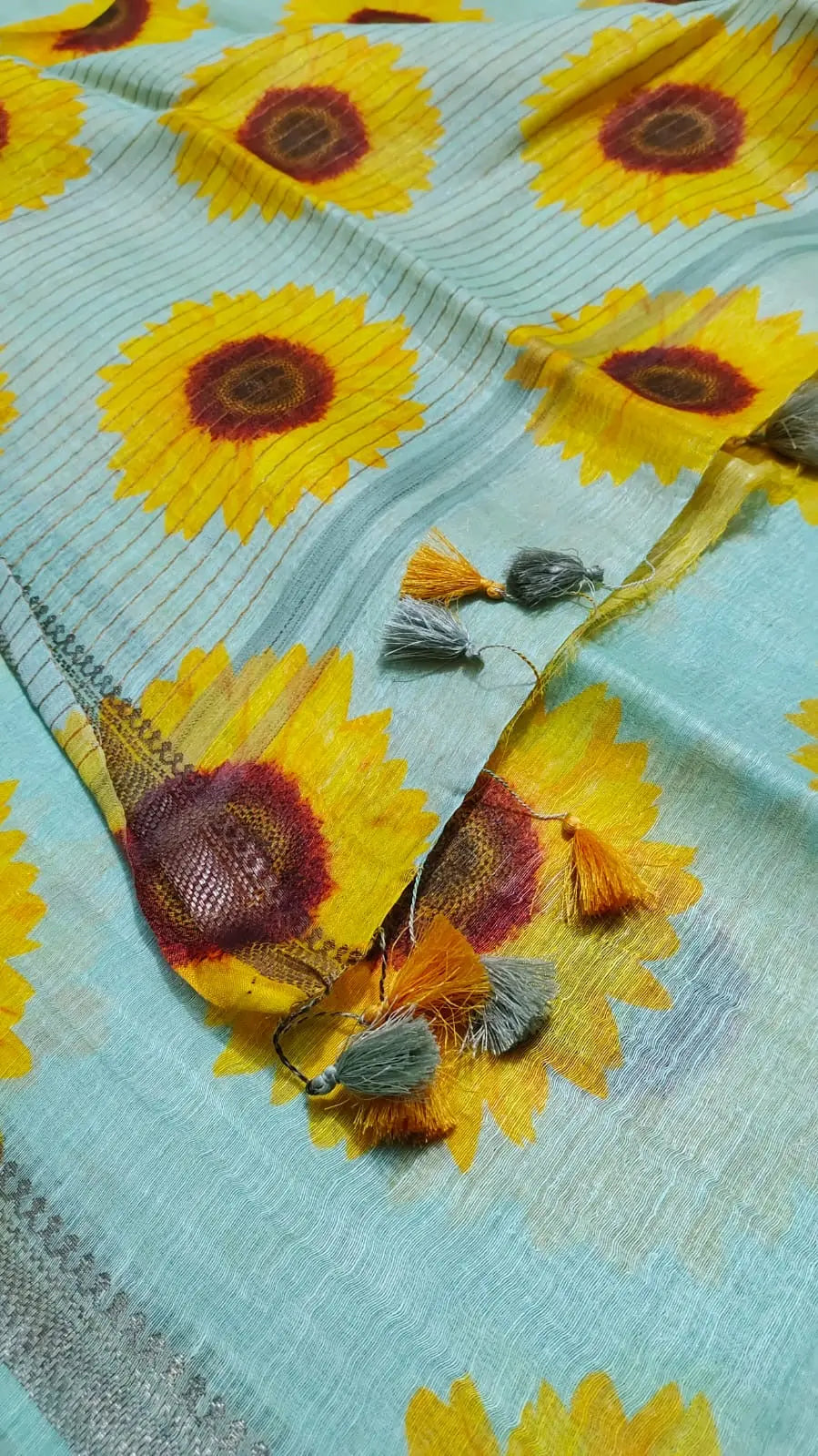 Powder Blue Shade Floral Printed Silk Linen Saree | KIHUMS Saree kihums clothing