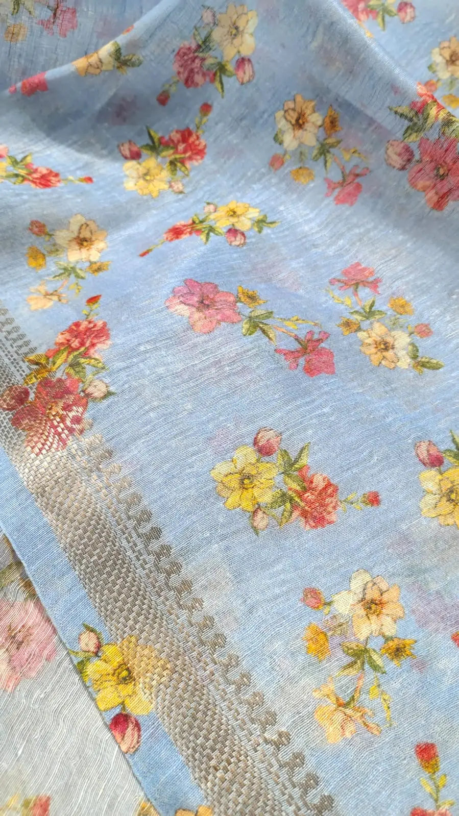 Pastel Blue Shade Floral Printed Silk Linen Saree | KIHUMS Saree kihums clothing