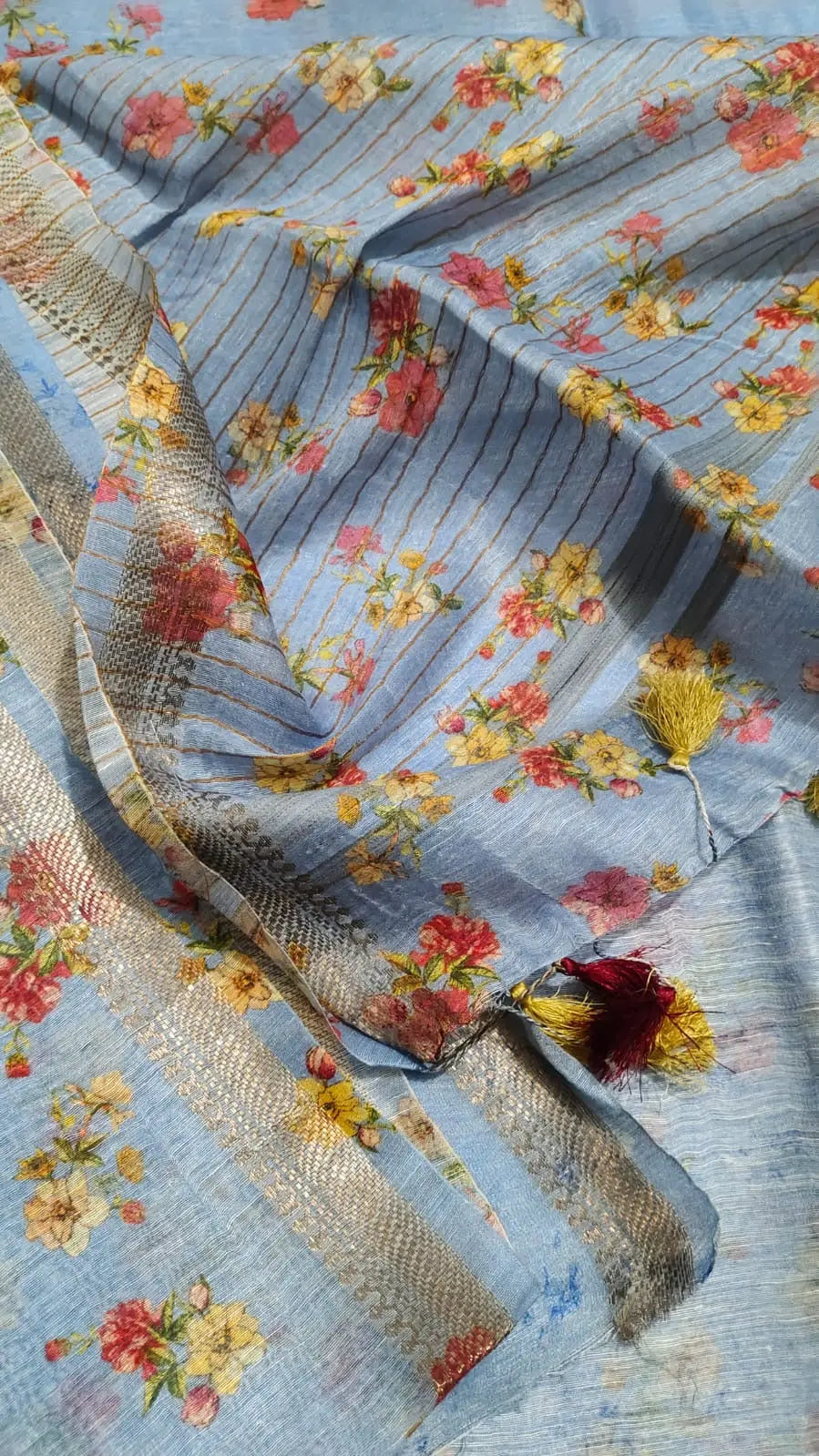 Pastel Blue Shade Floral Printed Silk Linen Saree | KIHUMS Saree kihums clothing