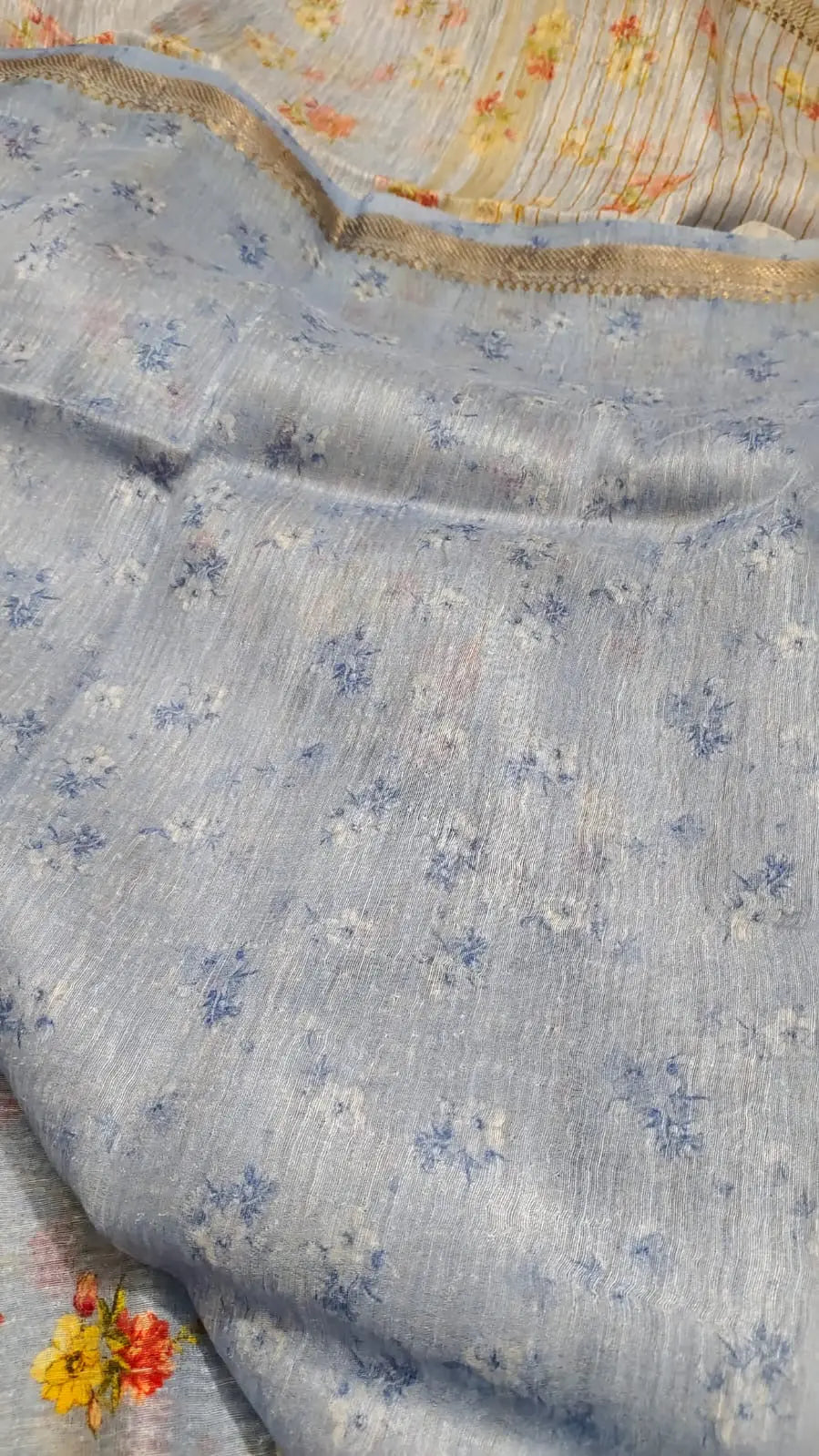 Pastel Blue Shade Floral Printed Silk Linen Saree | KIHUMS Saree kihums clothing