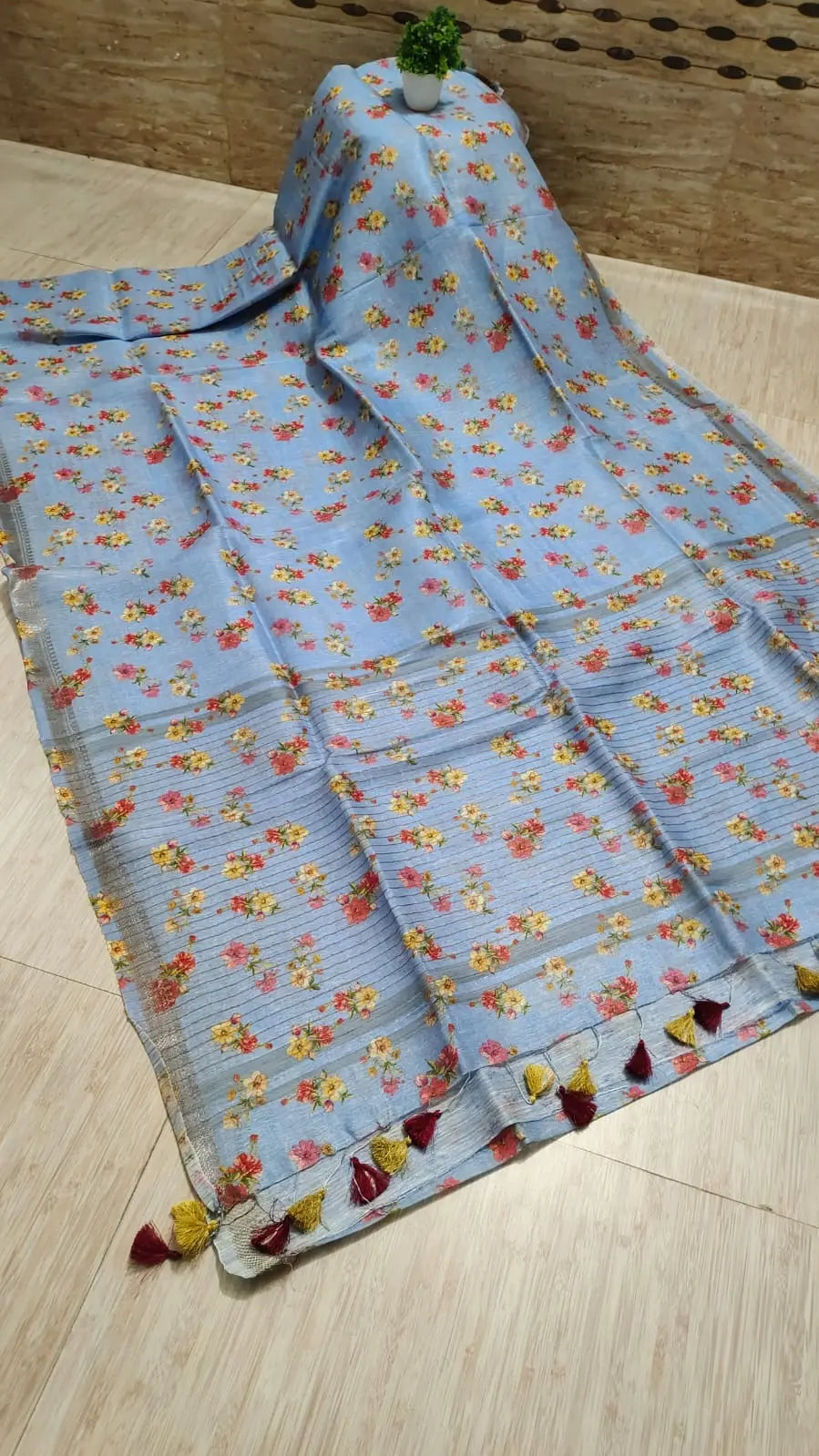 Pastel Blue Shade Floral Printed Silk Linen Saree | KIHUMS Saree kihums clothing