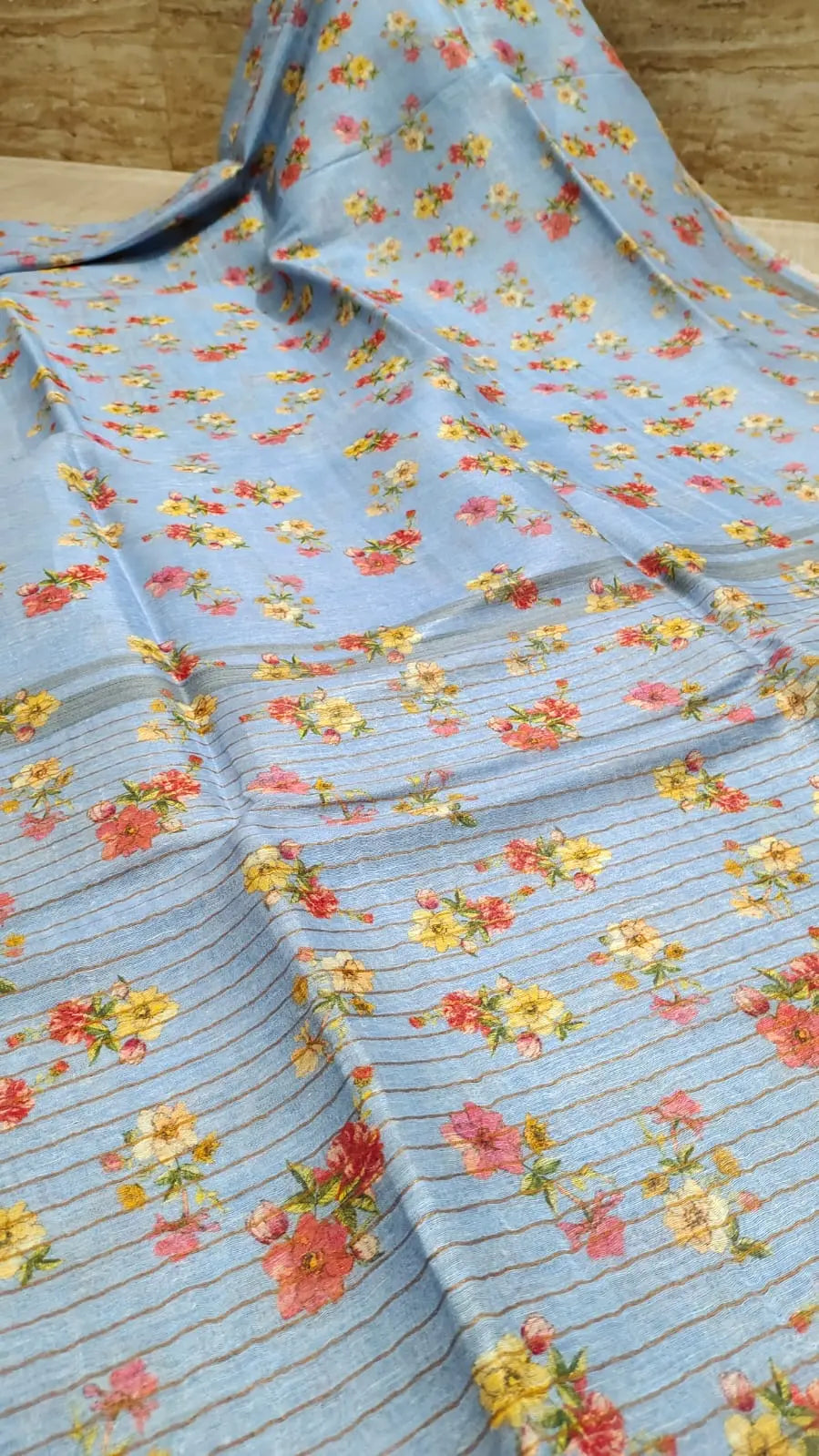 Pastel Blue Shade Floral Printed Silk Linen Saree | KIHUMS Saree kihums clothing
