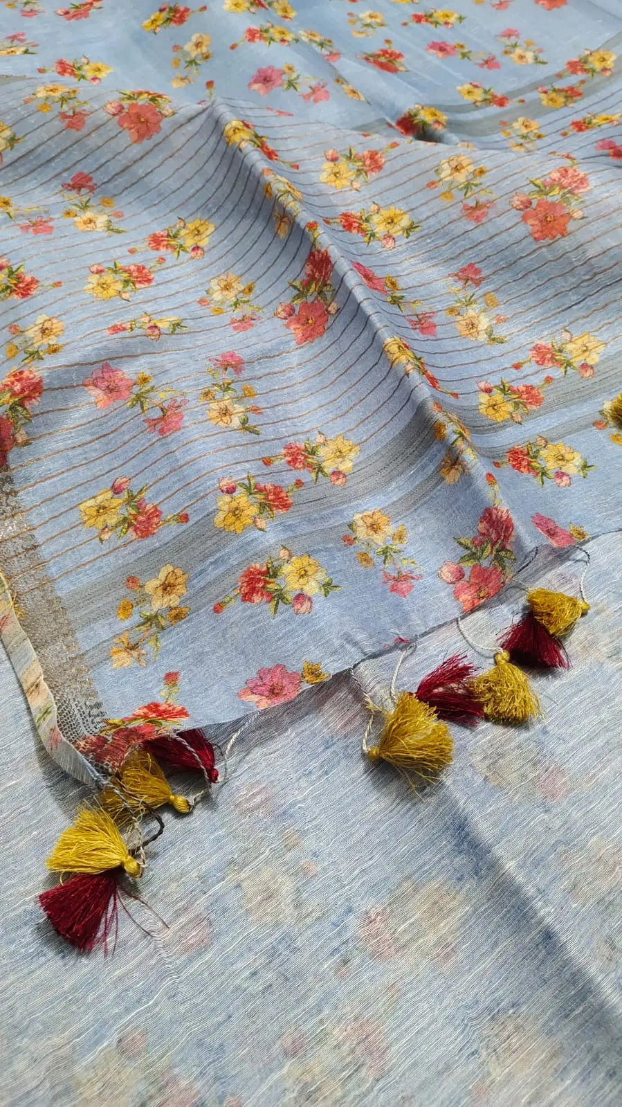 Pastel Blue Shade Floral Printed Silk Linen Saree | KIHUMS Saree kihums clothing