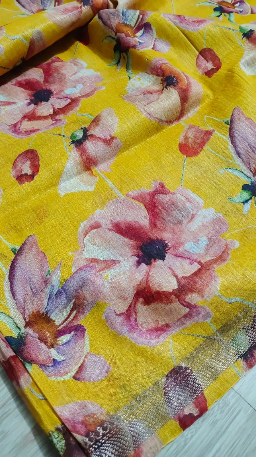 Yellow Shade Floral Printed Silk Linen Saree | KIHUMS Saree kihums clothing