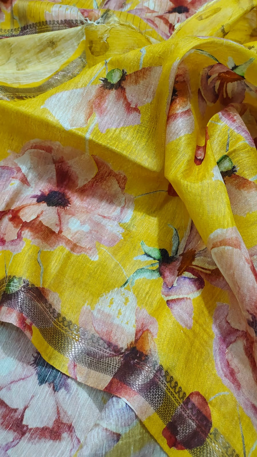 Yellow Shade Floral Printed Silk Linen Saree | KIHUMS Saree