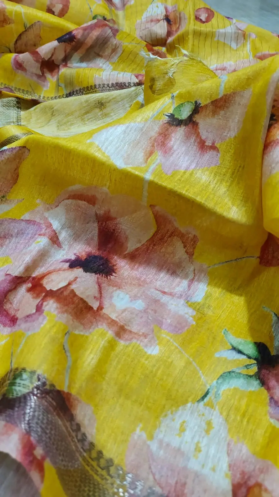 Yellow Shade Floral Printed Silk Linen Saree | KIHUMS Saree kihums clothing