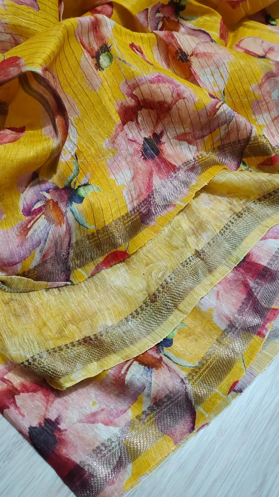 Yellow Shade Floral Printed Silk Linen Saree | KIHUMS Saree kihums clothing